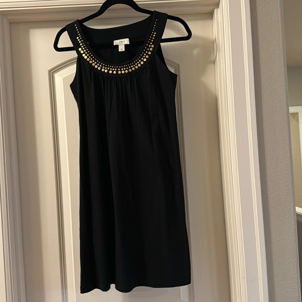 Ann Taylor Loft sleeveless black cotton dress with gold embellishments